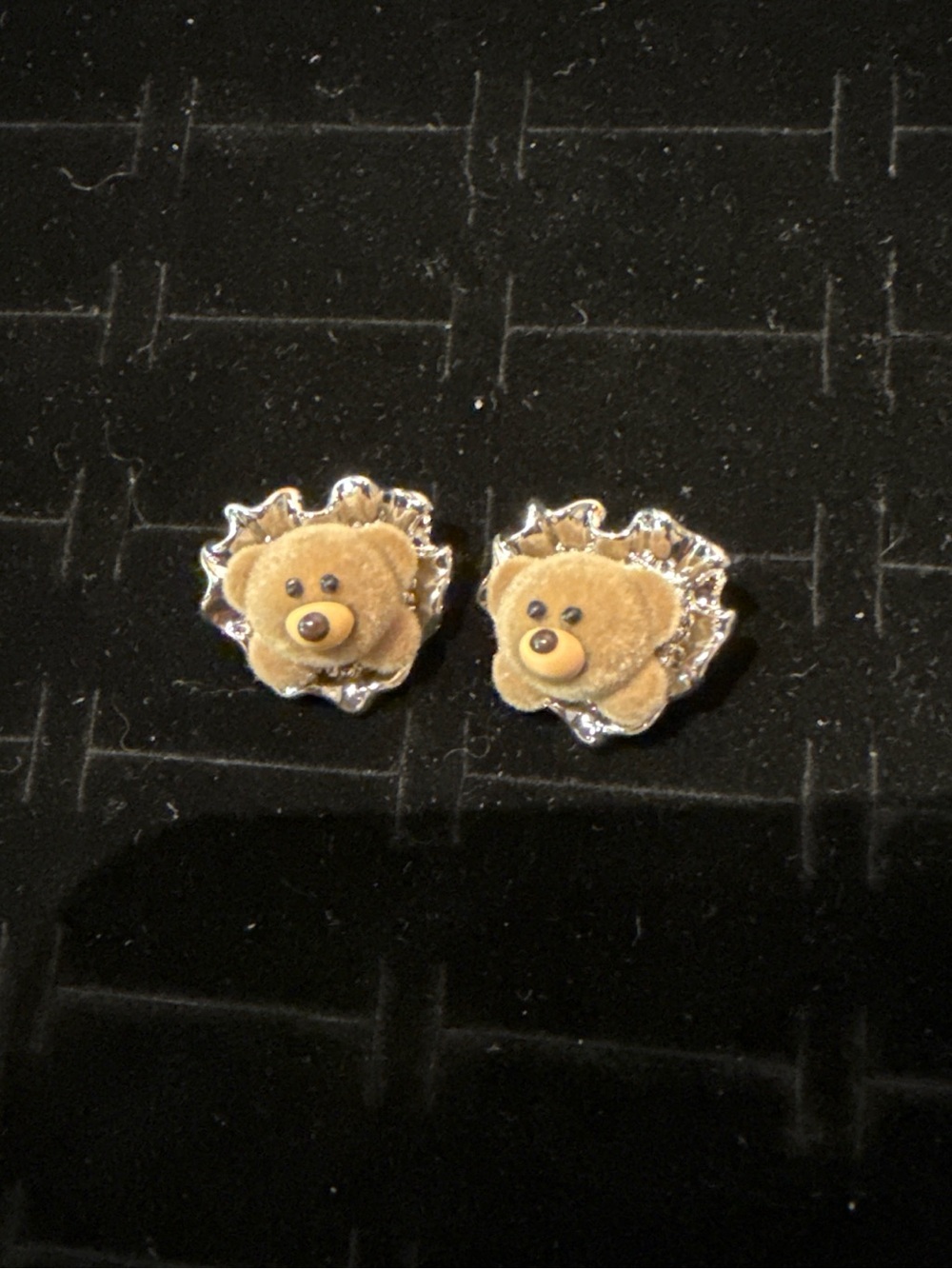 Velvet Teddy Bear Stud Earrings in Brown and Silver-Tone
